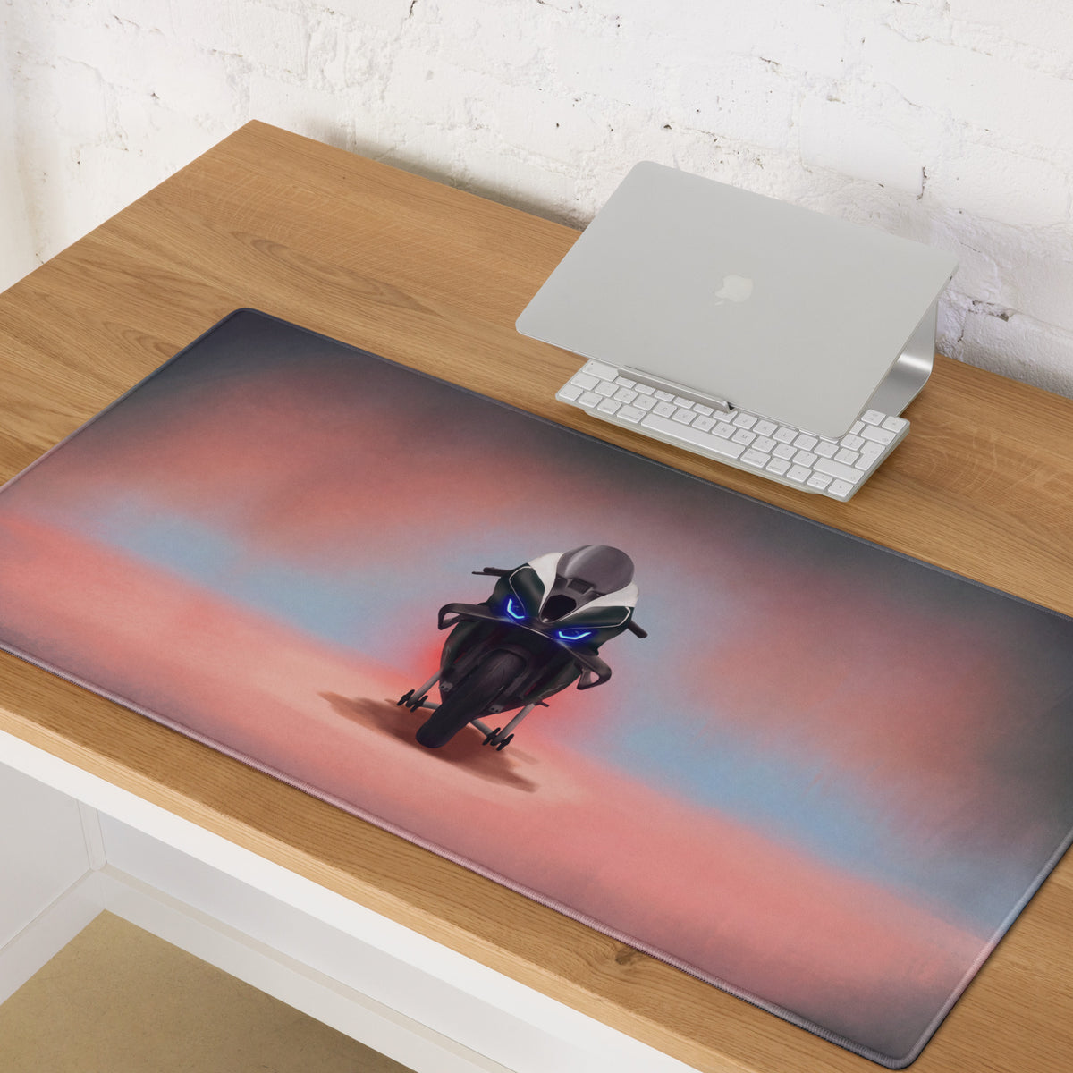 Bmw m1000rr inspired large gaming mousepad with a sleek black and white motorcycle and glowing blue headlights on sunset background