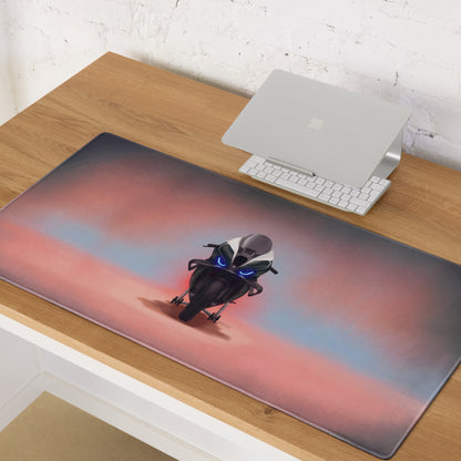 Bmw m1000rr inspired large gaming mousepad with a sleek black and white motorcycle and glowing blue headlights on sunset background