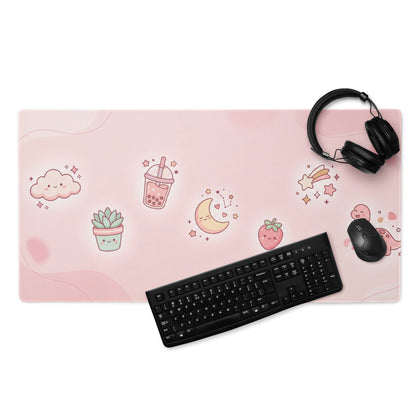Pink Cute Gaming Mouse Pad With Strawberries And Clouds Design