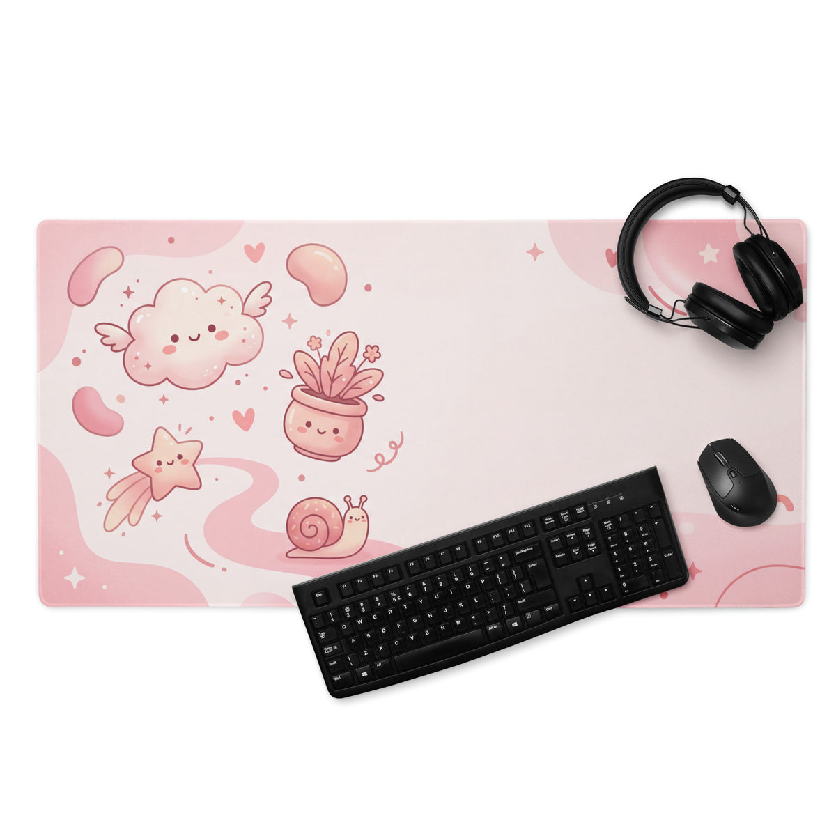 Pink Cute Cartoon Mouse Pad Large Non Slip Girly Hearts And Stars Design
