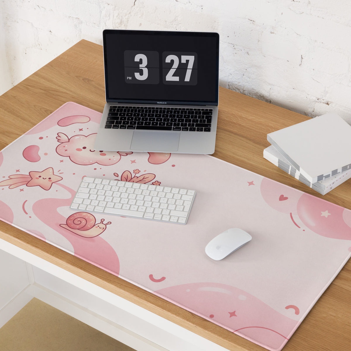 Pink Cute Cartoon Mouse Pad Large Non Slip Girly Hearts And Stars Design