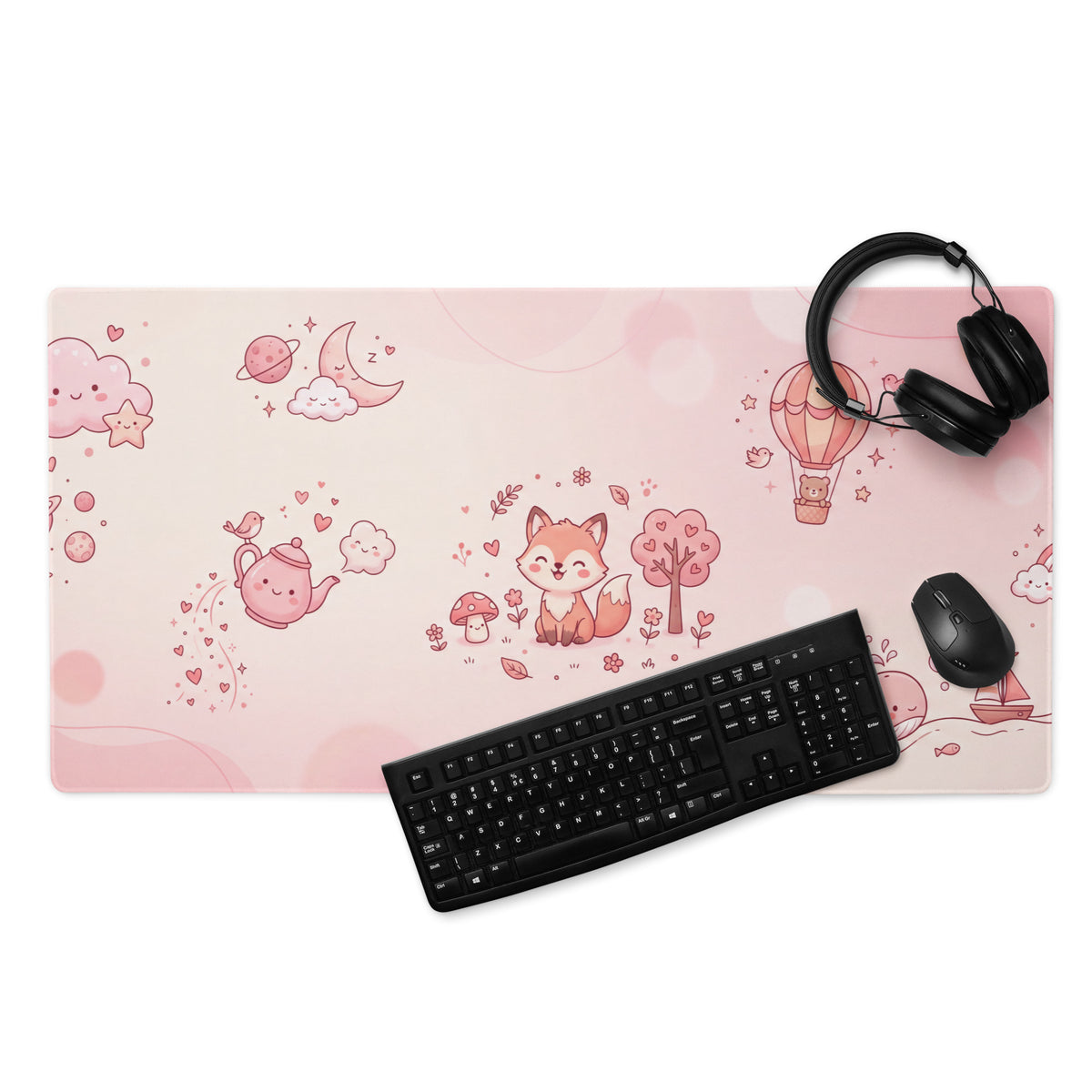 Pink Cute Gaming Mouse Pad With Hearts & Fox