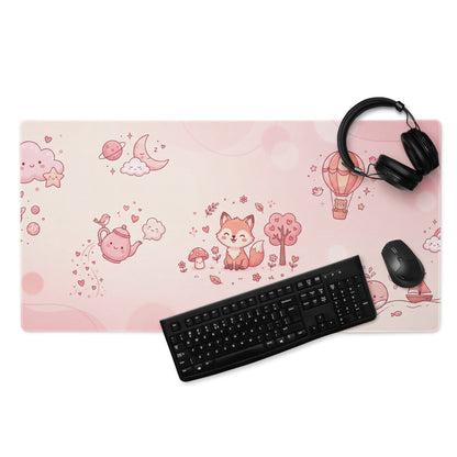 Pink Cute Gaming Mouse Pad With Hearts & Fox
