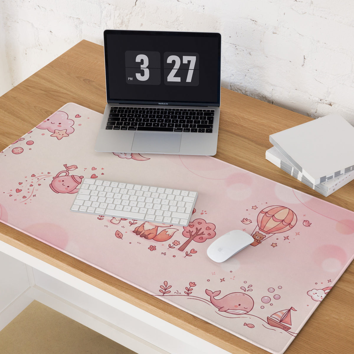 Pink Cute Gaming Mouse Pad With Hearts & Fox