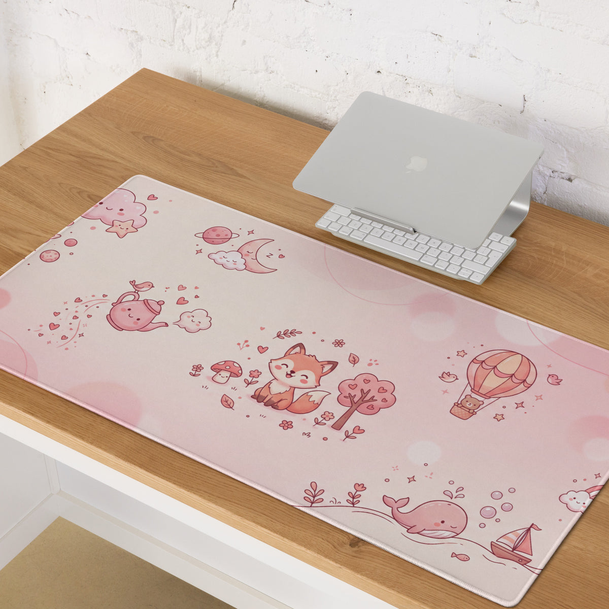 Pink Cute Gaming Mouse Pad With Hearts & Fox