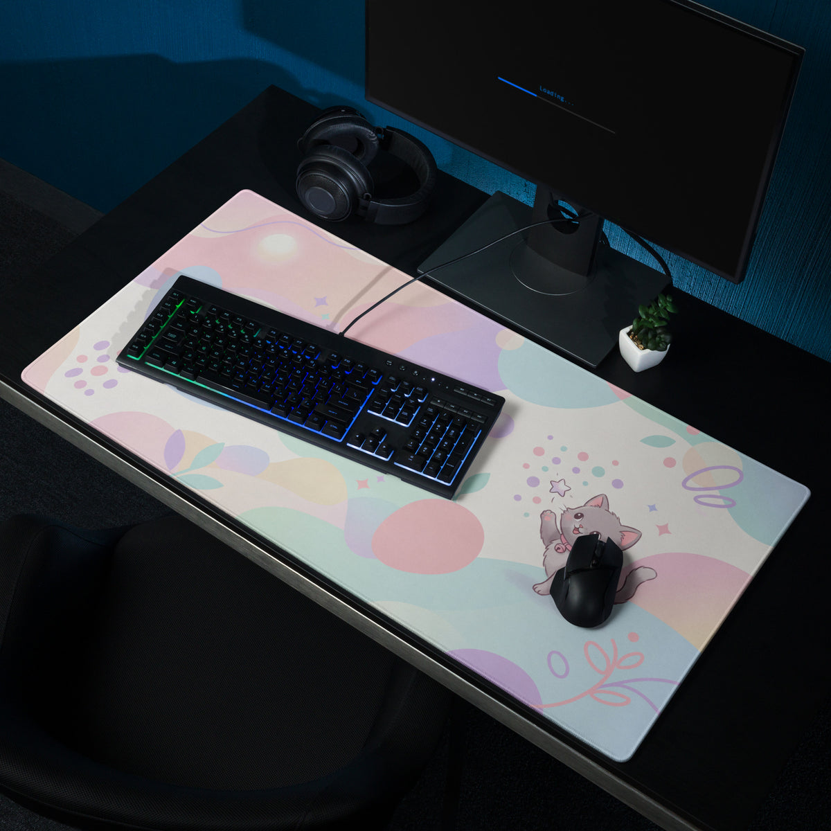 Pastel Rainbow Kitty Themed Gaming Mouse Pad