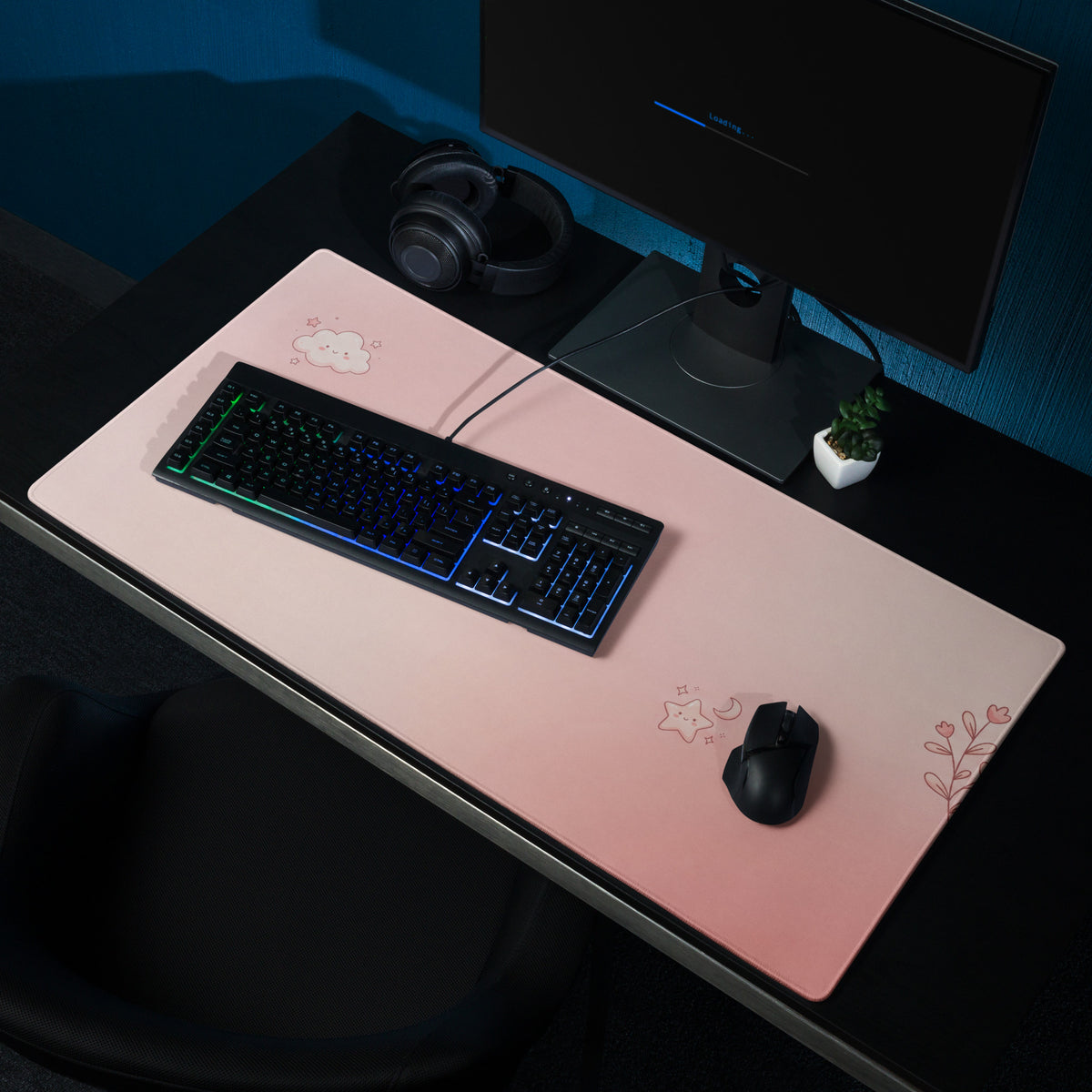 Pink Gradient Cute Cloud Hearts Gaming Mouse Pad