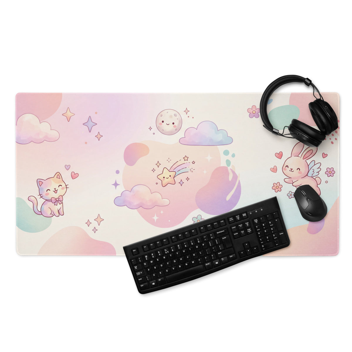 Pastel Cute Dream World Gaming Mouse Pad With Moon Bunny Cats