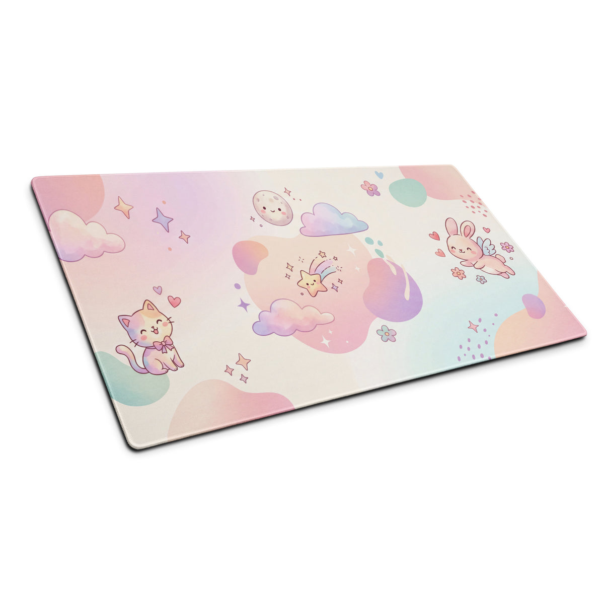 Pastel Cute Dream World Gaming Mouse Pad With Moon Bunny Cats