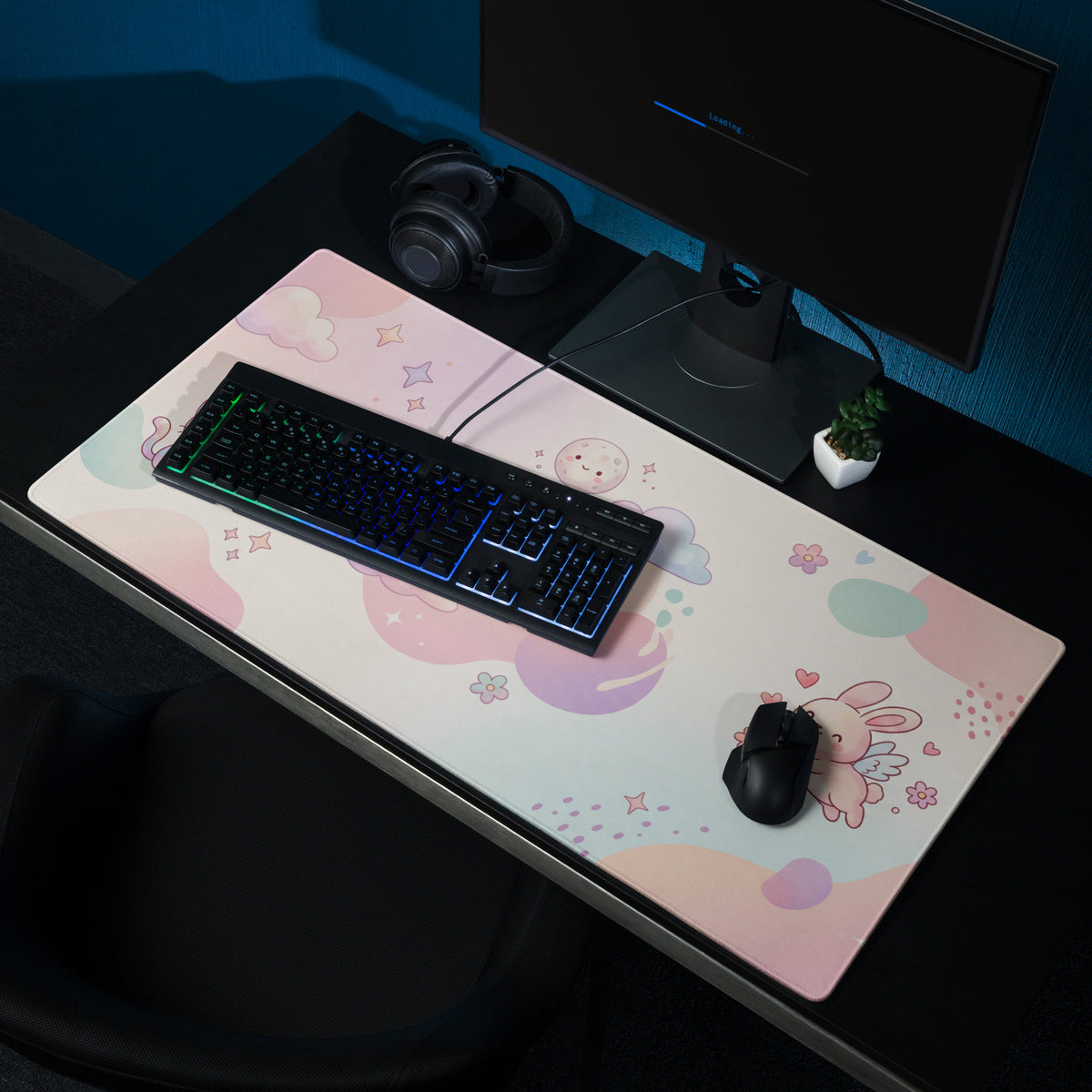 Pastel Cute Dream World Gaming Mouse Pad With Moon Bunny Cats