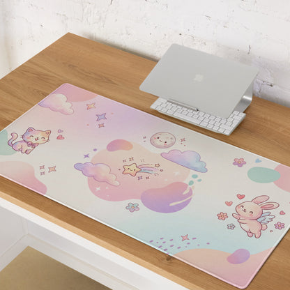 Pastel Cute Dream World Gaming Mouse Pad With Moon Bunny Cats