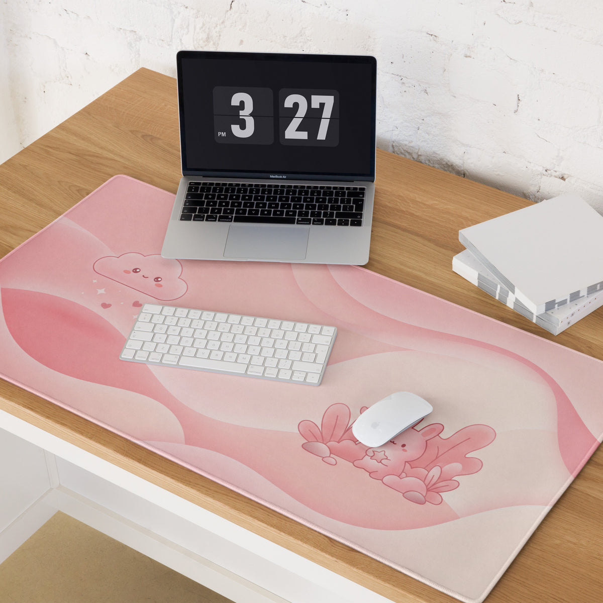 Pink Large Gaming Mouse Pad Cute Clouds And Bunnies