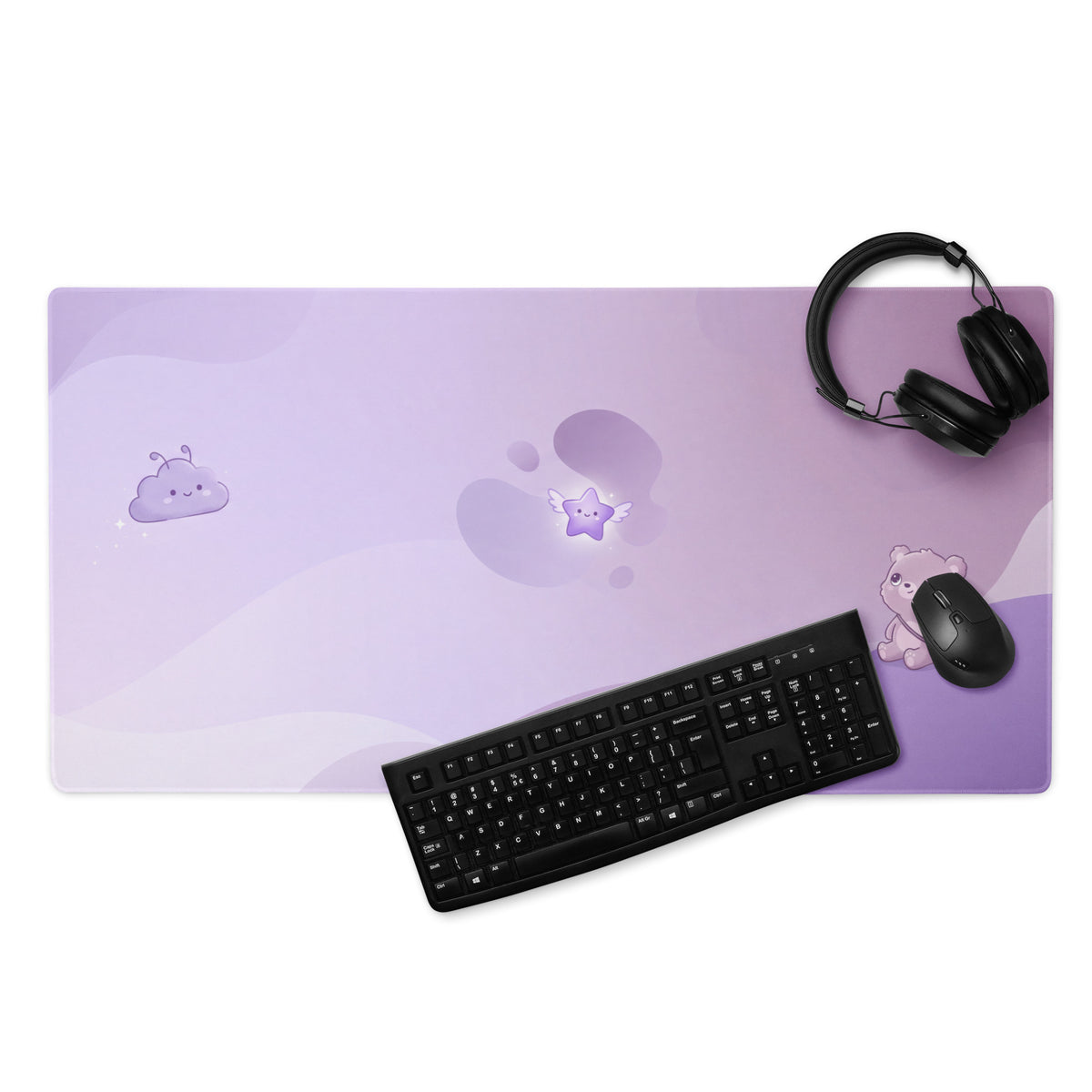 Purple Cute Gaming Mouse Pad With Clouds Stars Bear Design