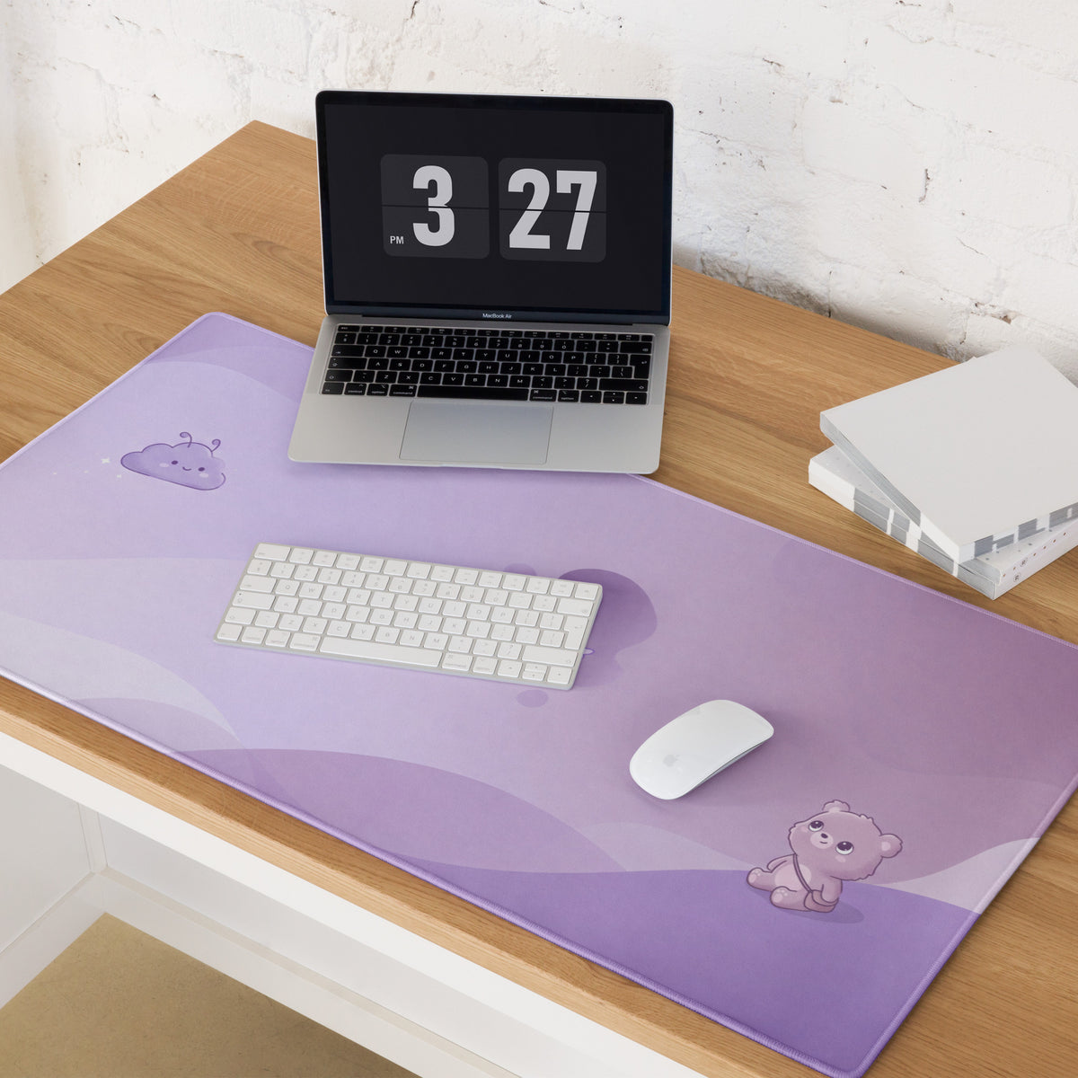 Purple Cute Gaming Mouse Pad With Clouds Stars Bear Design