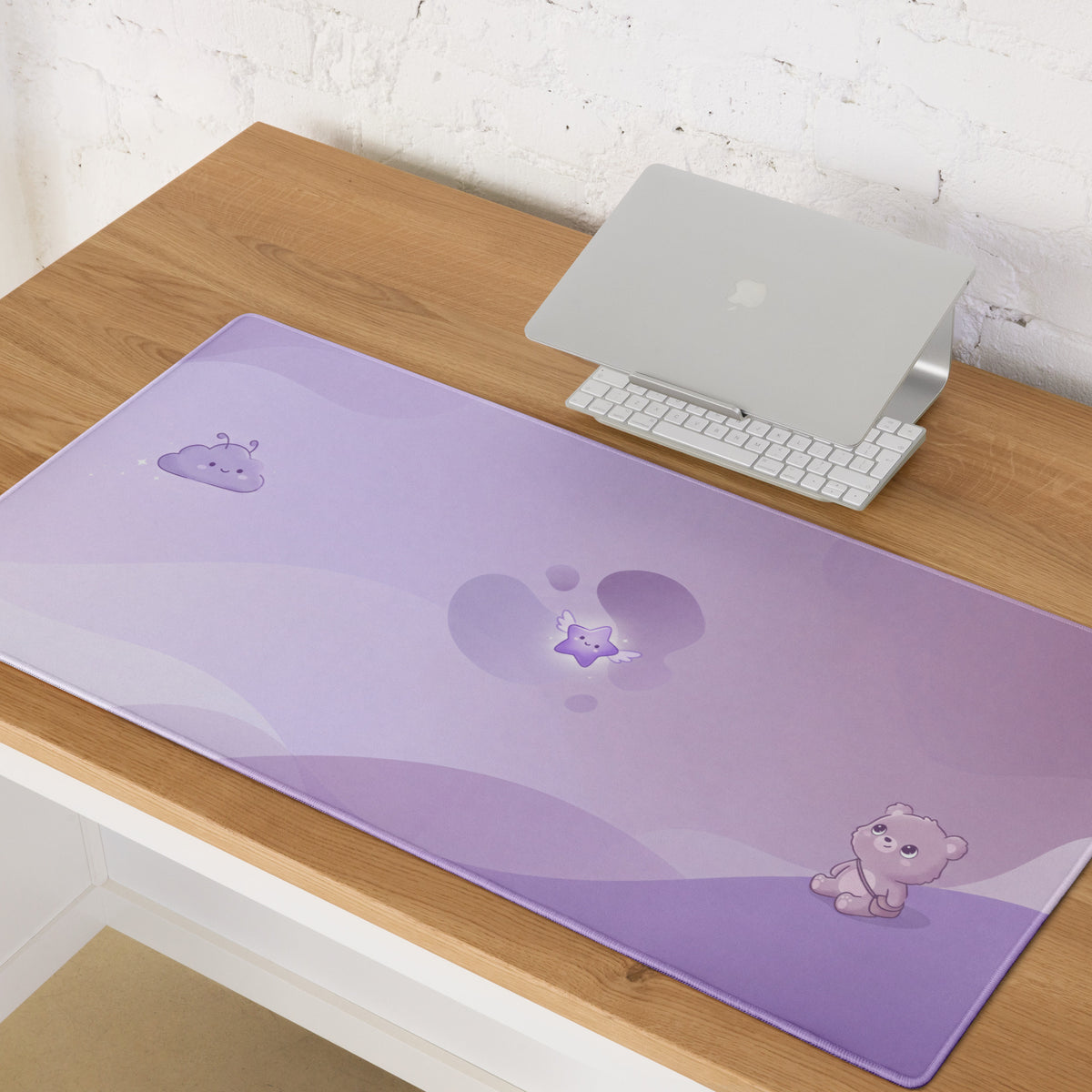 Purple Cute Gaming Mouse Pad With Clouds Stars Bear Design