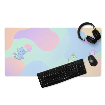 Pastel Cute Cat And Bird Gaming Mouse Pad