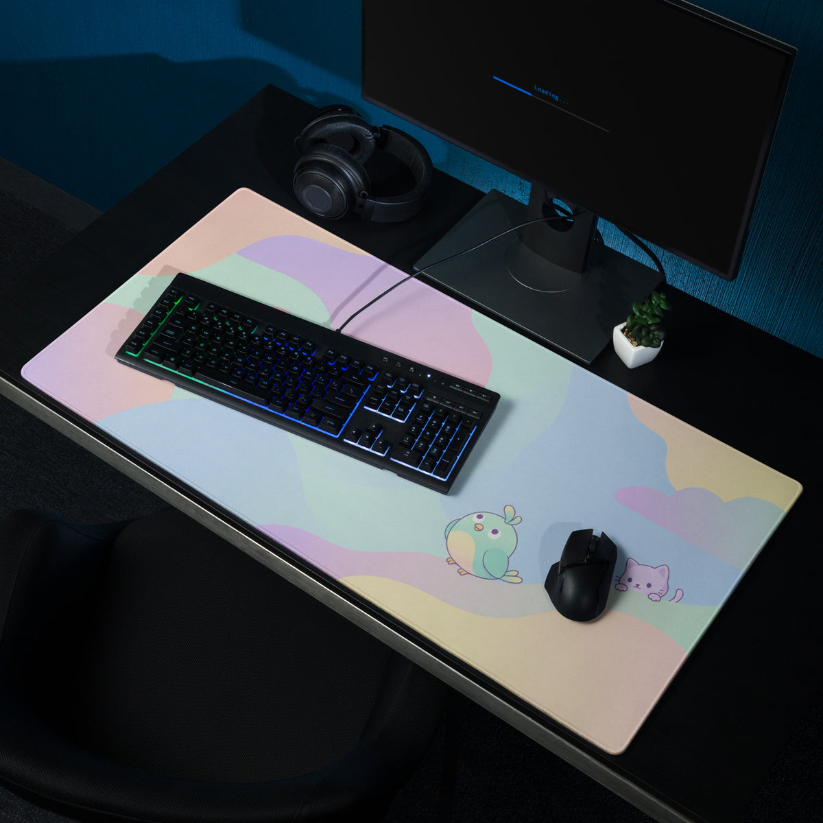 Pastel Cute Cat And Bird Gaming Mouse Pad