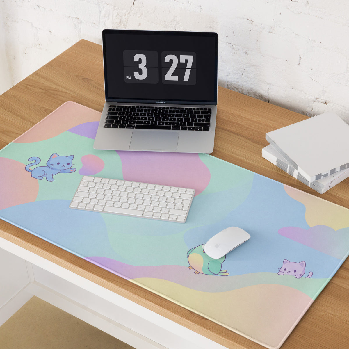 Pastel Cute Cat And Bird Gaming Mouse Pad
