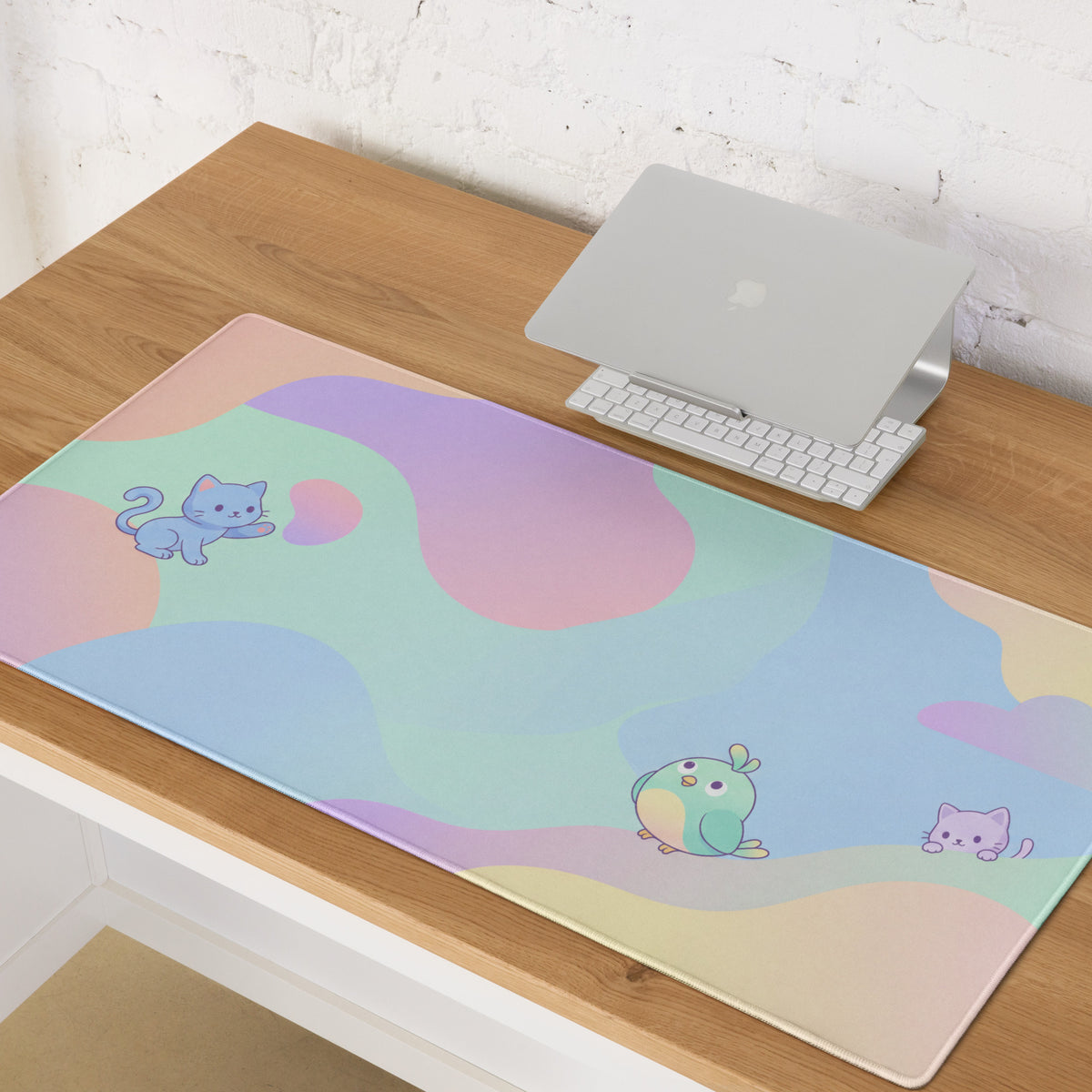 Pastel Cute Cat And Bird Gaming Mouse Pad
