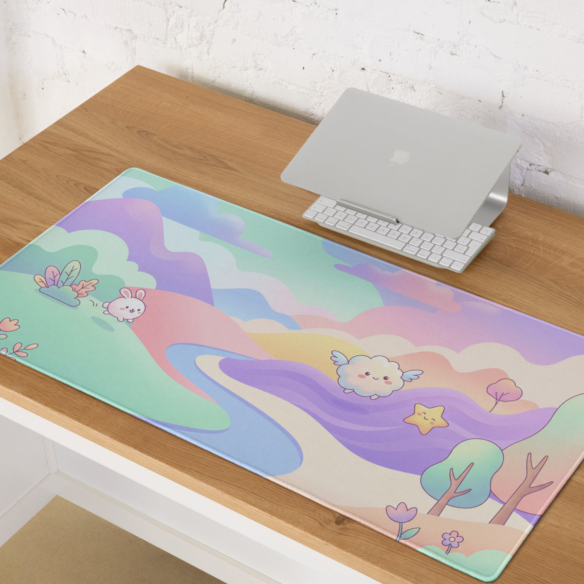 Pastel Rainbow Cute Gaming Mouse Pad With Clouds