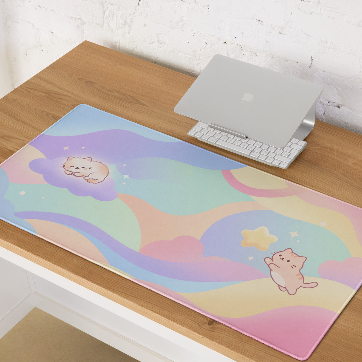 Pastel Cute Cats Gaming Mouse Pad Rainbow Clouds