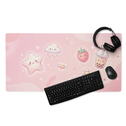 Pink Cute Gaming Mouse Pad With Strawberries Clouds And Boba Tea Design