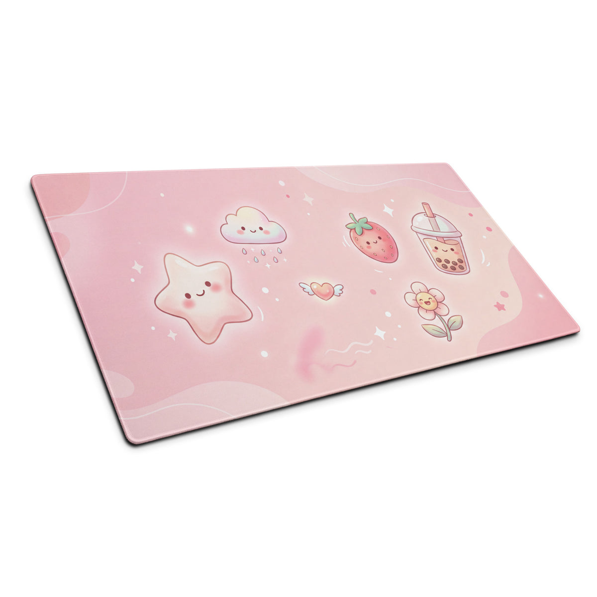 Pink Cute Gaming Mouse Pad With Strawberries Clouds And Boba Tea Design