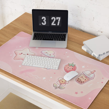 Pink Cute Gaming Mouse Pad With Strawberries Clouds And Boba Tea Design