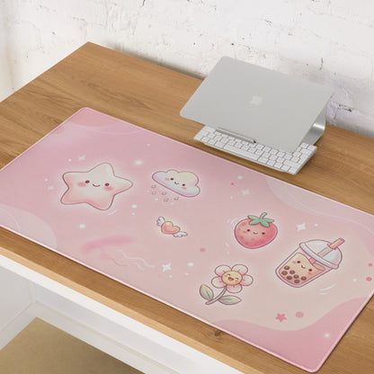 Pink Cute Gaming Mouse Pad With Strawberries Clouds And Boba Tea Design