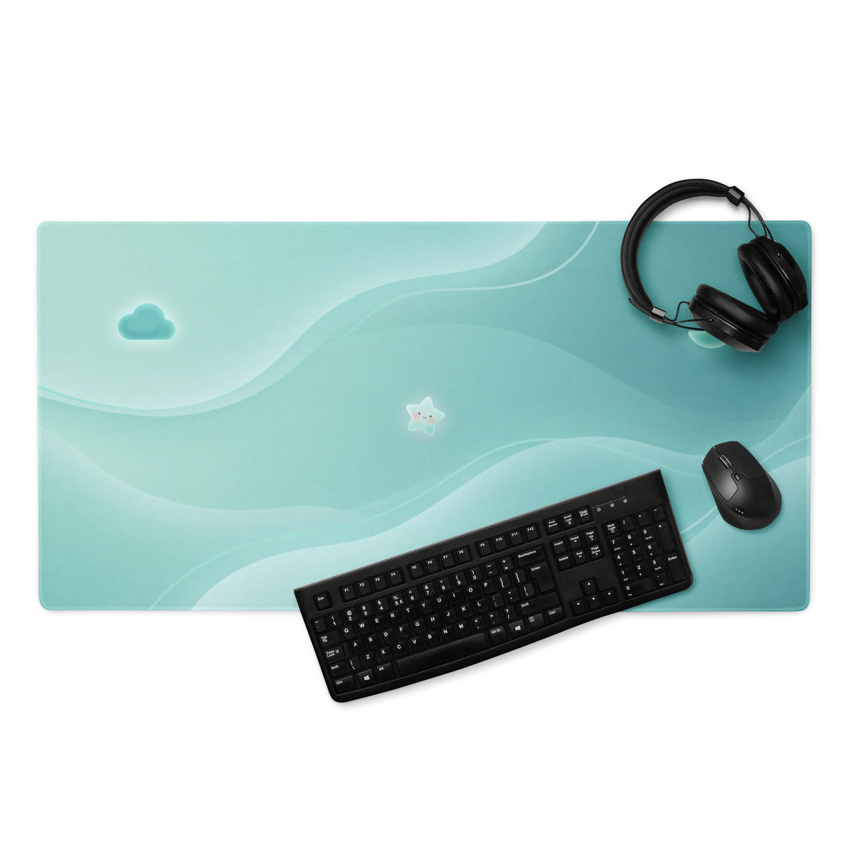 Pastel Teal Large Gaming Mouse Pad With Cute Cloud Moon Design