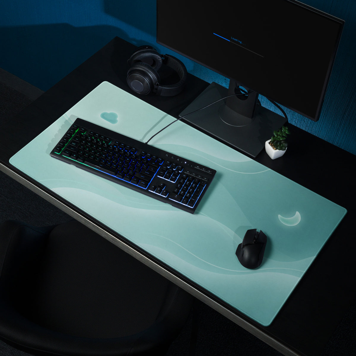 Pastel Teal Large Gaming Mouse Pad With Cute Cloud Moon Design