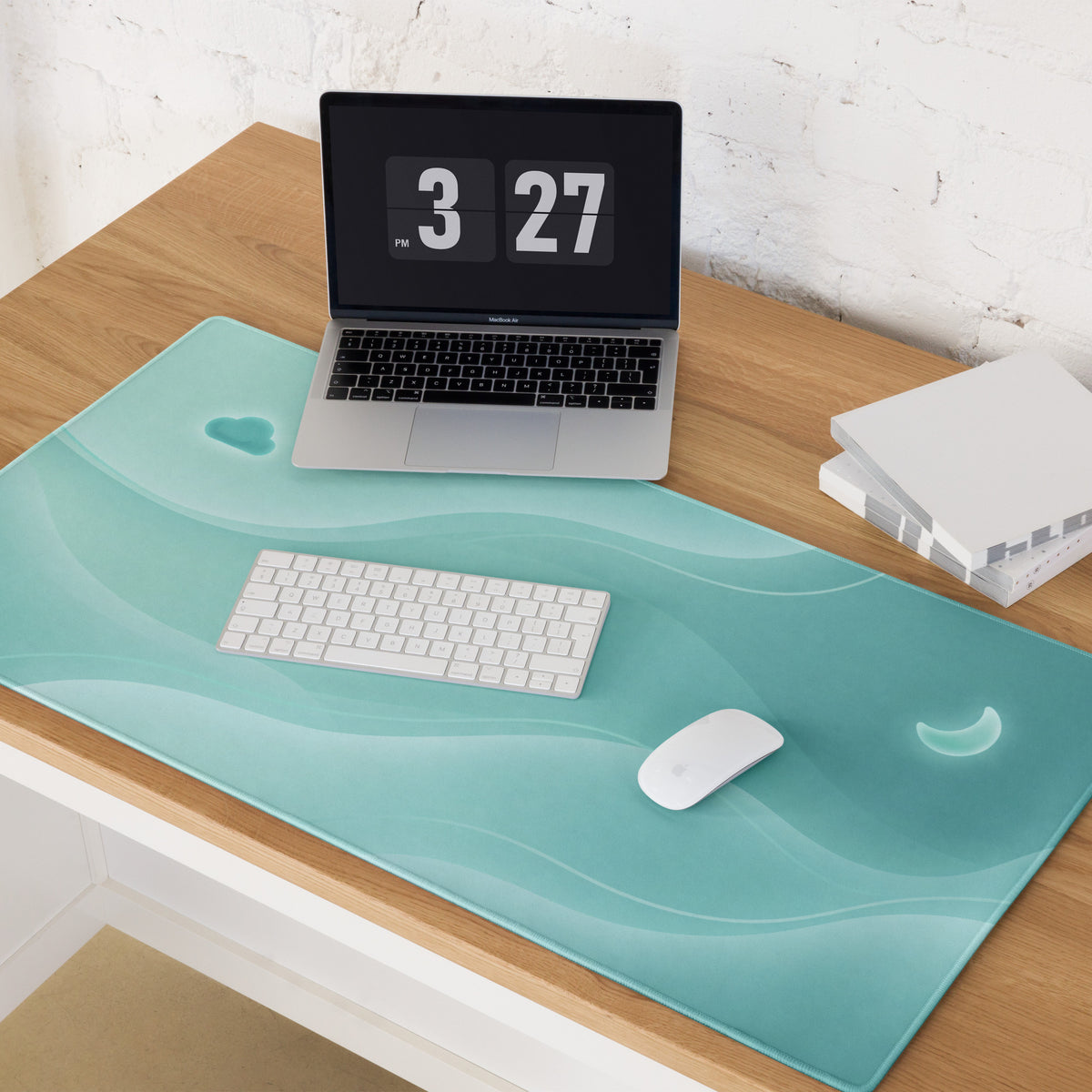 Pastel Teal Large Gaming Mouse Pad With Cute Cloud Moon Design