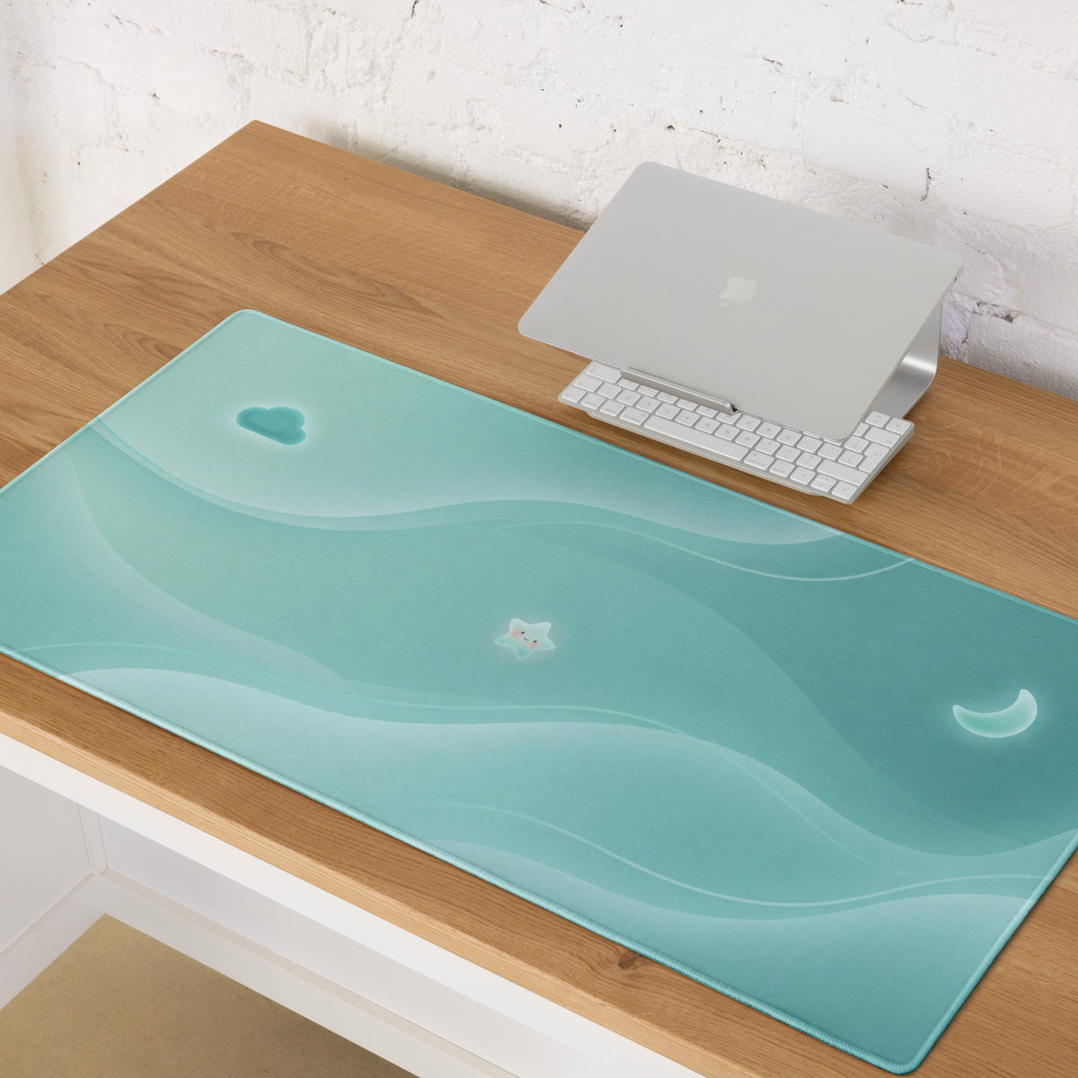 Pastel Teal Large Gaming Mouse Pad With Cute Cloud Moon Design
