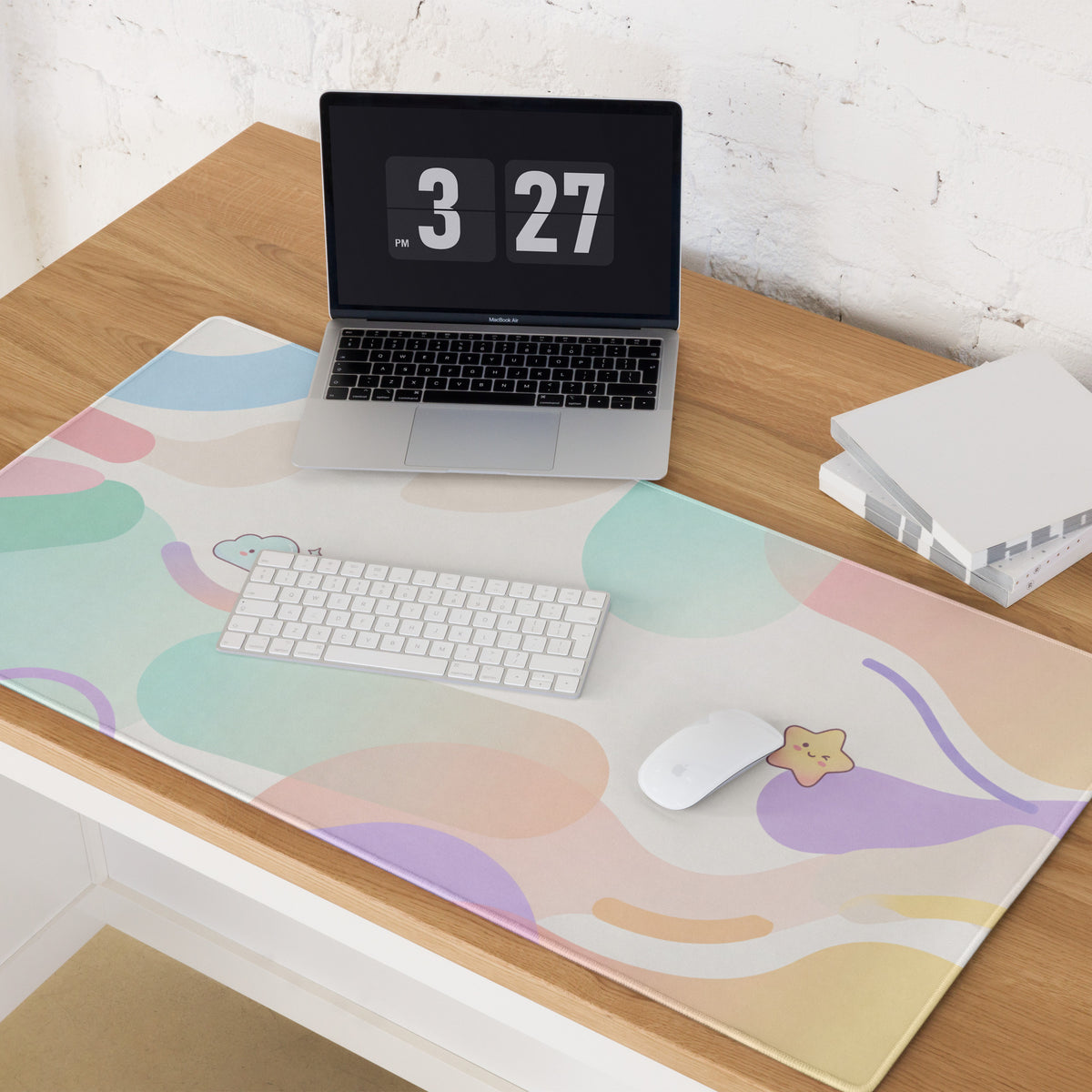 Pastel Cute Gaming Mouse Pad With Rainbow Swirls And Clouds