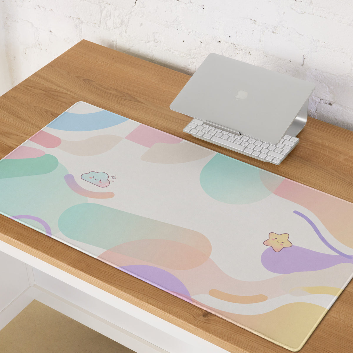 Pastel Cute Gaming Mouse Pad With Rainbow Swirls And Clouds