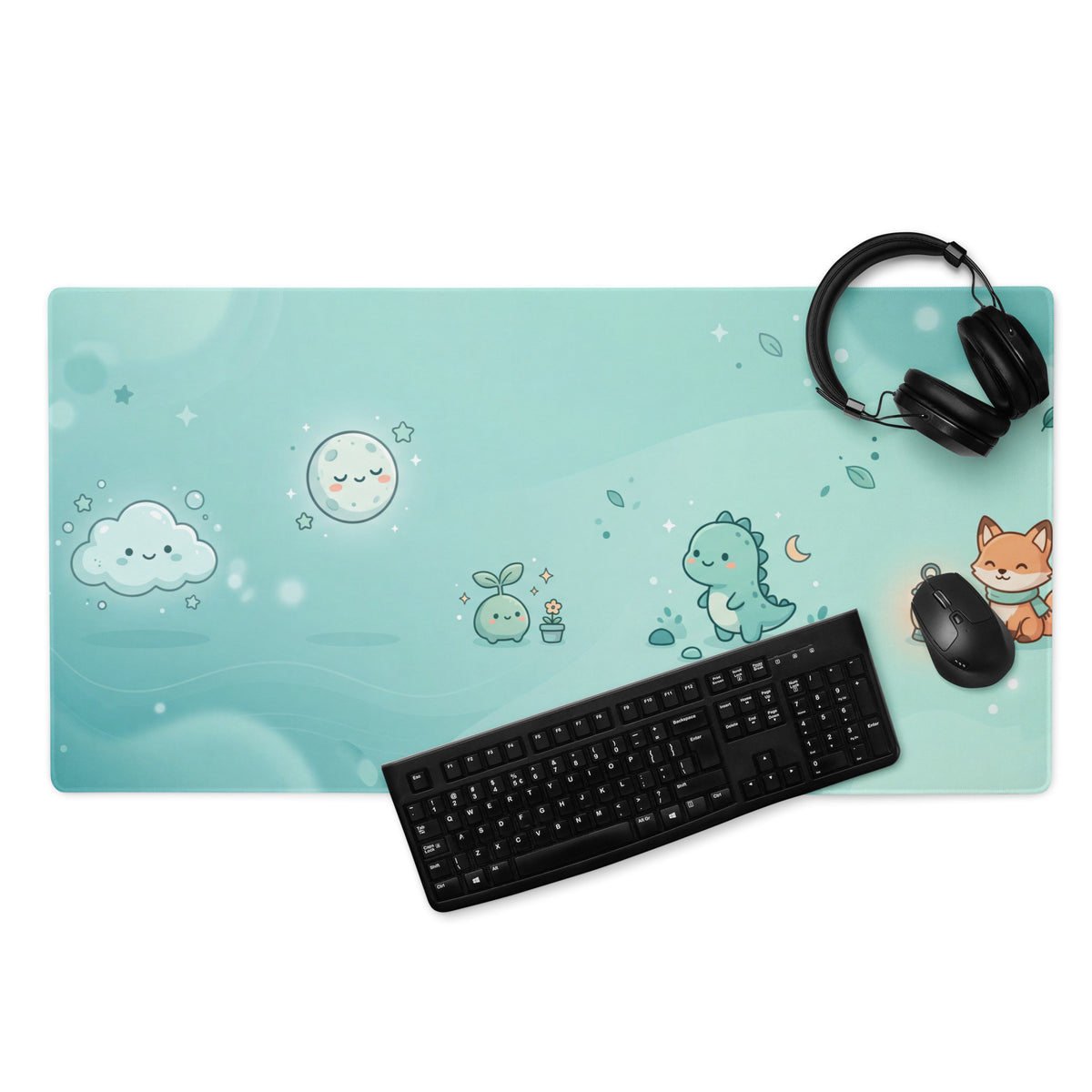 Cute Teal Galaxy Gaming Mouse Pad With Moon And Cloud Design