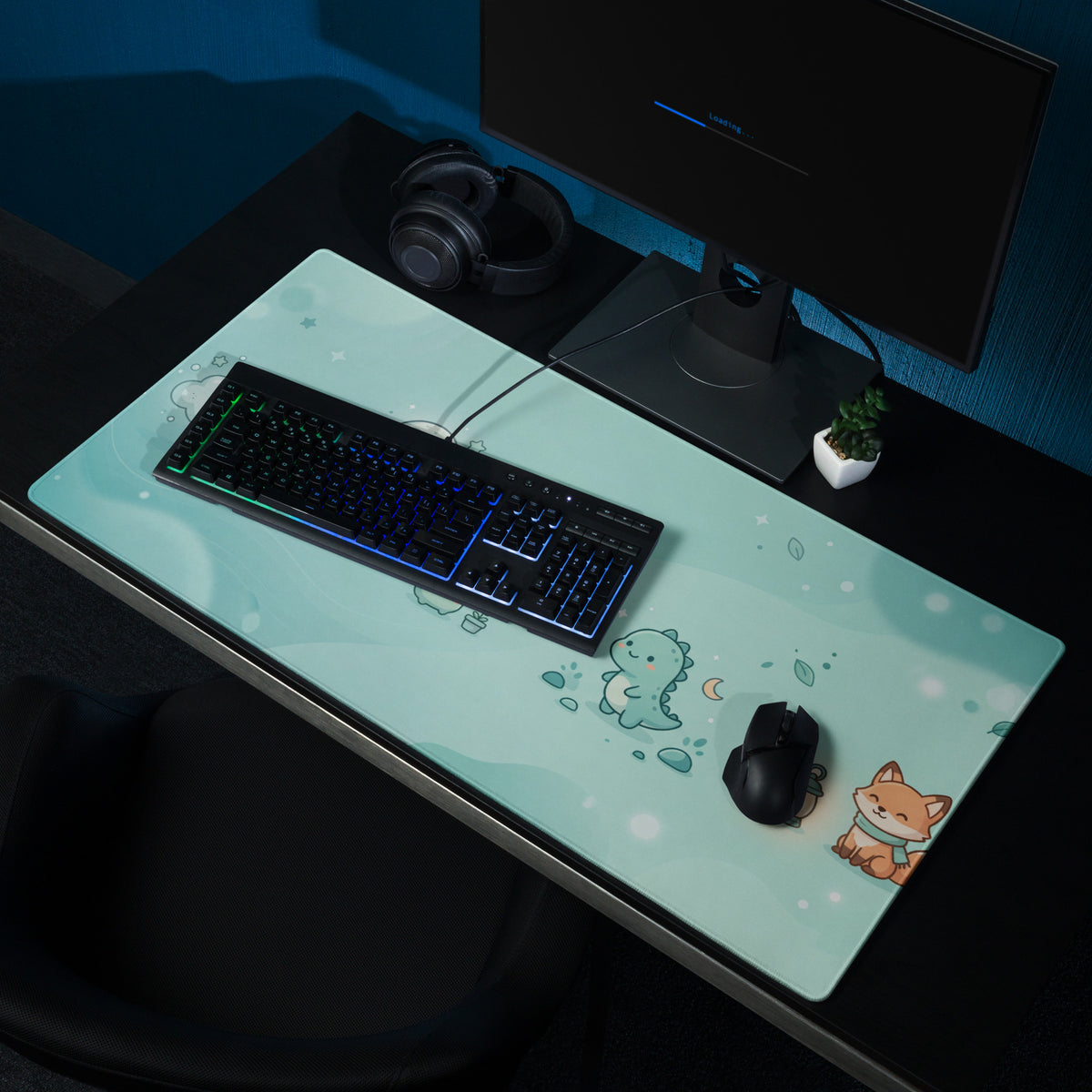 Cute Teal Galaxy Gaming Mouse Pad With Moon And Cloud Design