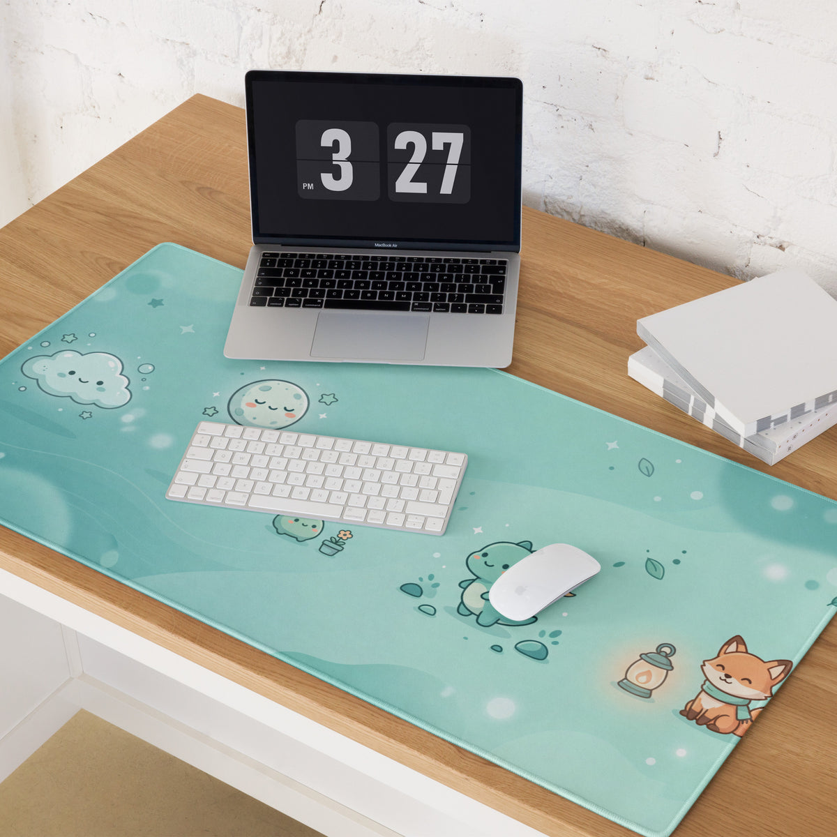 Cute Teal Galaxy Gaming Mouse Pad With Moon And Cloud Design