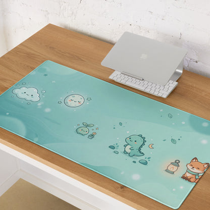 Cute Teal Galaxy Gaming Mouse Pad With Moon And Cloud Design