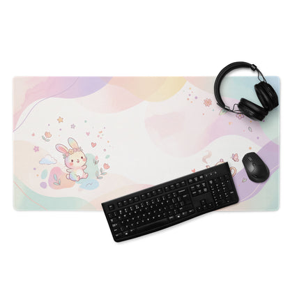 Pastel Cute Bunny Garden Mouse Pad with Flowers Hearts Teapot Design