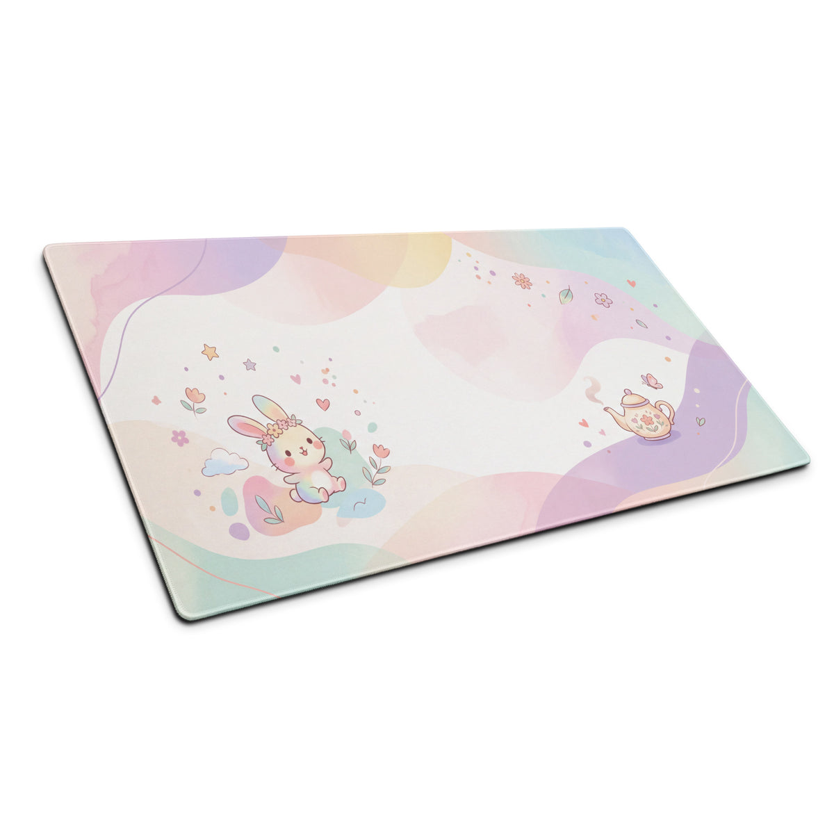 Pastel Cute Bunny Garden Mouse Pad with Flowers Hearts Teapot Design