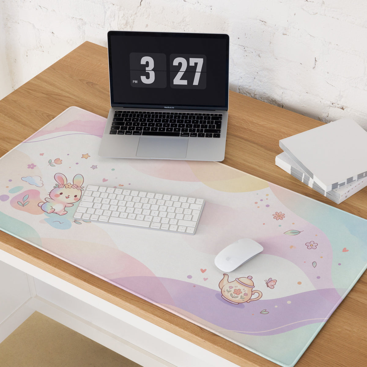 Pastel Cute Bunny Garden Mouse Pad with Flowers Hearts Teapot Design