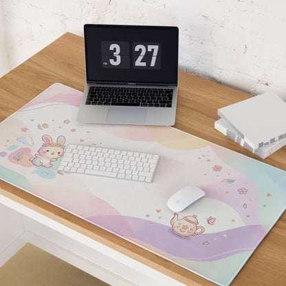 Pastel Cute Bunny Garden Mouse Pad with Flowers Hearts Teapot Design