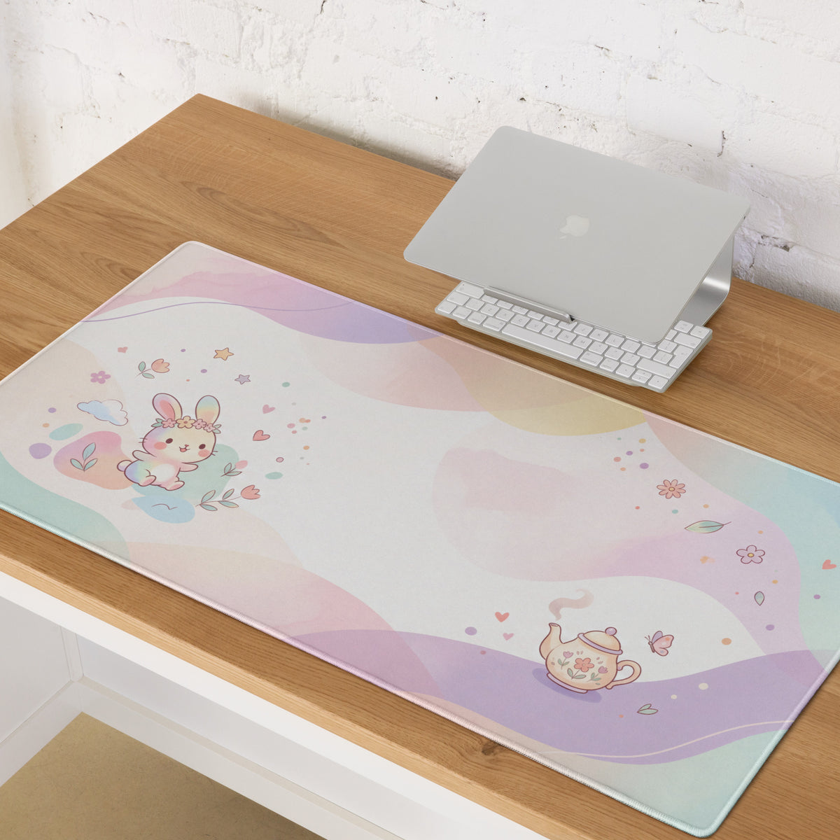 Pastel Cute Bunny Garden Mouse Pad with Flowers Hearts Teapot Design