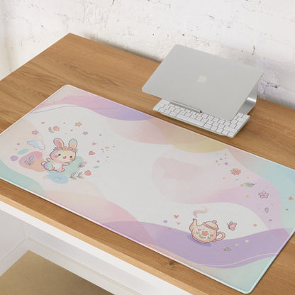 Pastel Cute Bunny Garden Mouse Pad with Flowers Hearts Teapot Design