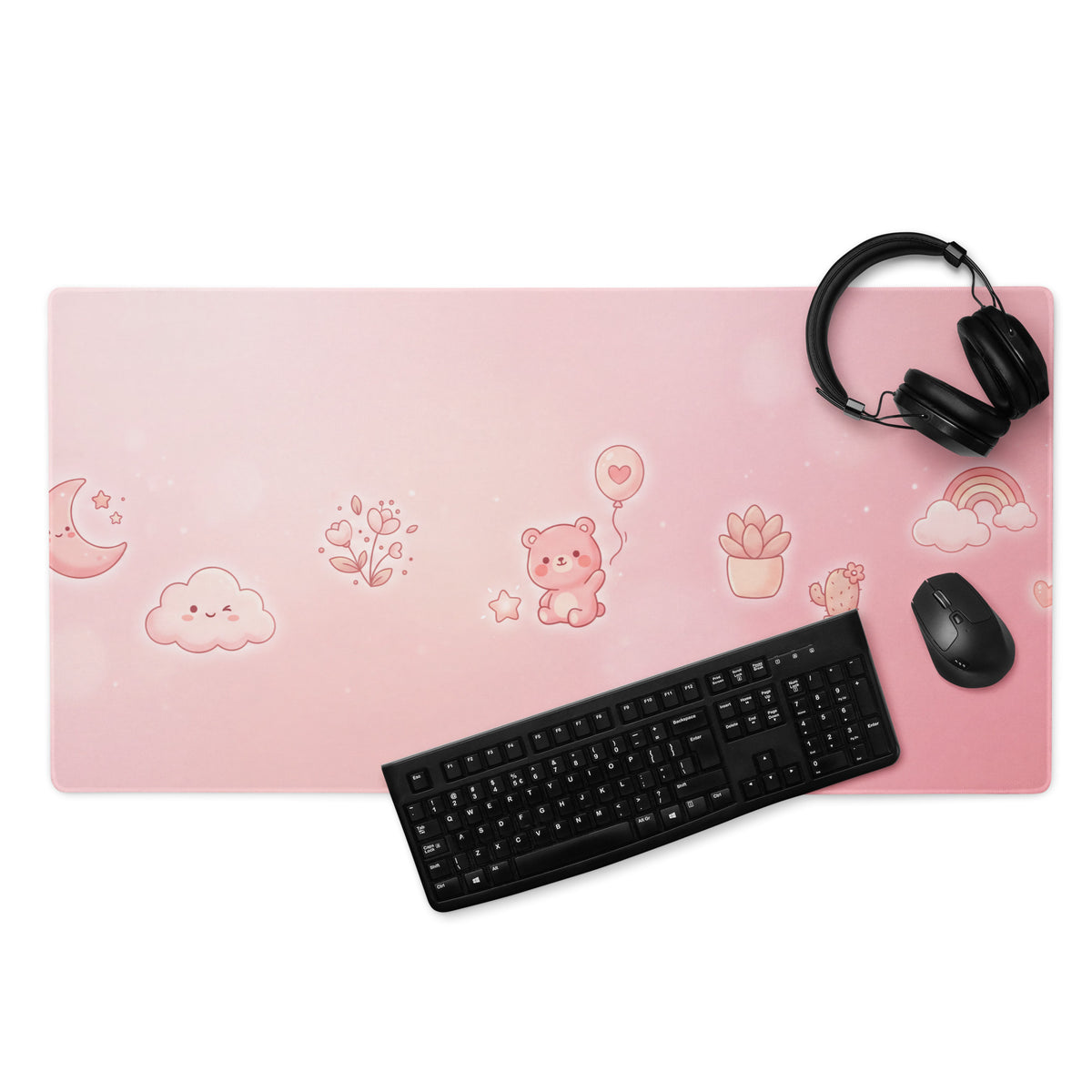 Pink Gaming Mouse Pad With Cute Bear Pattern & Flowers