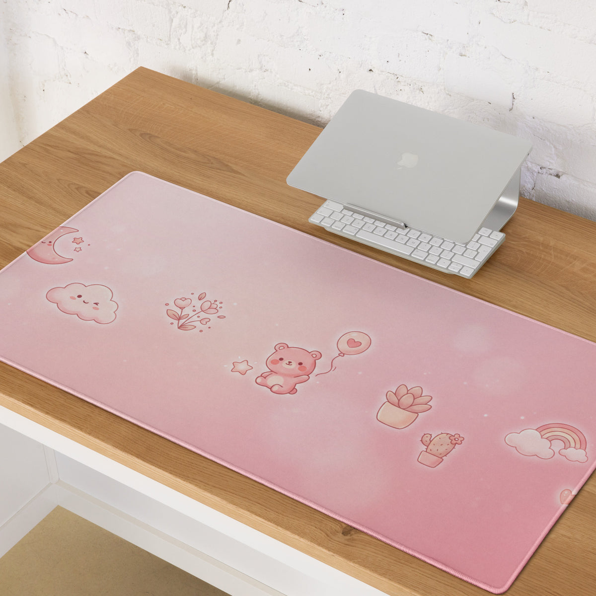 Pink Gaming Mouse Pad With Cute Bear Pattern & Flowers