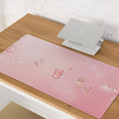 Pink Gaming Mouse Pad With Cute Bear Pattern & Flowers