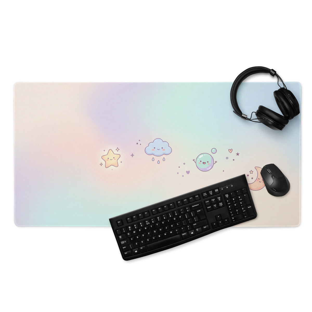 Pastel Cute Gaming Mouse Pad With Moon Stars Doodles