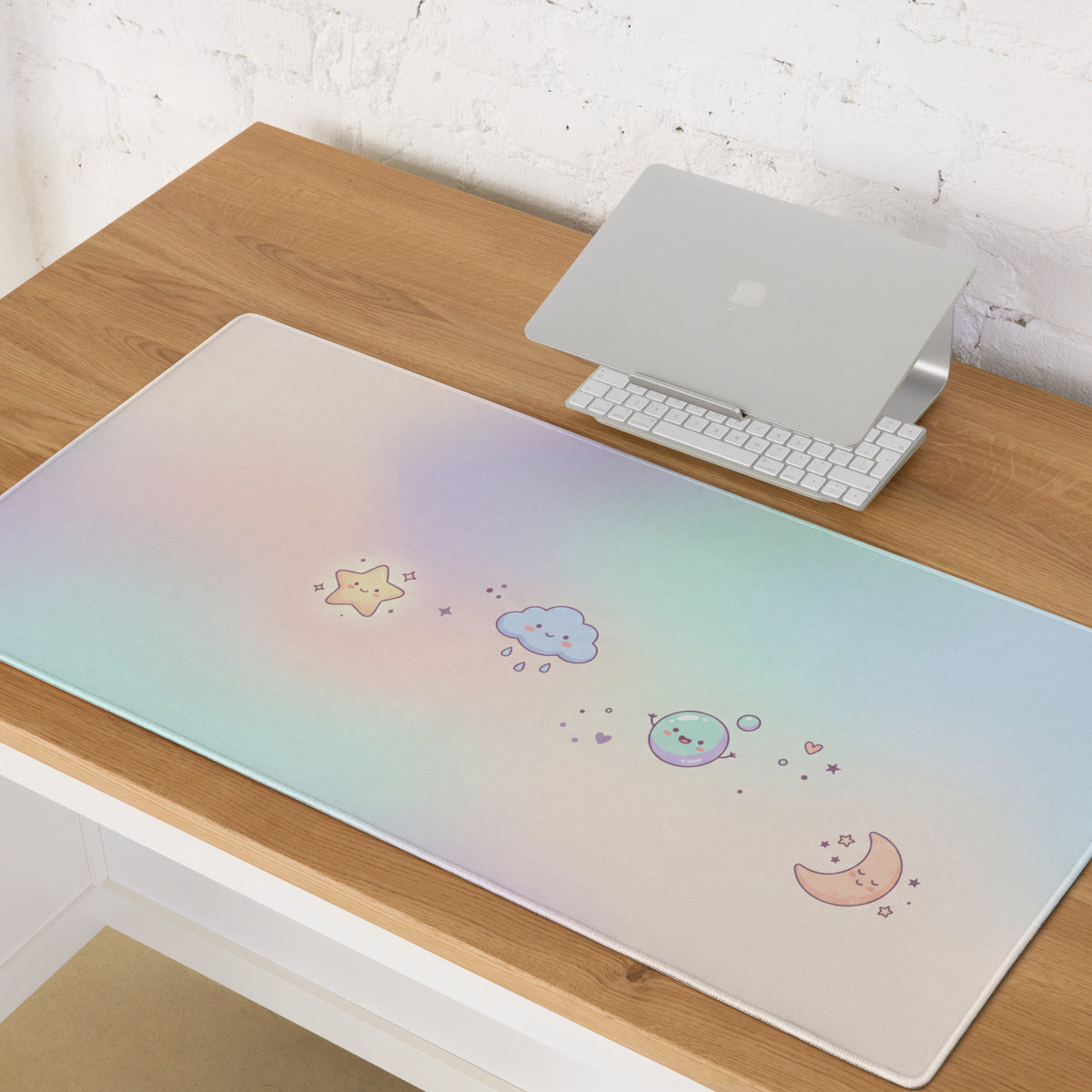 Pastel Cute Gaming Mouse Pad With Moon Stars Doodles